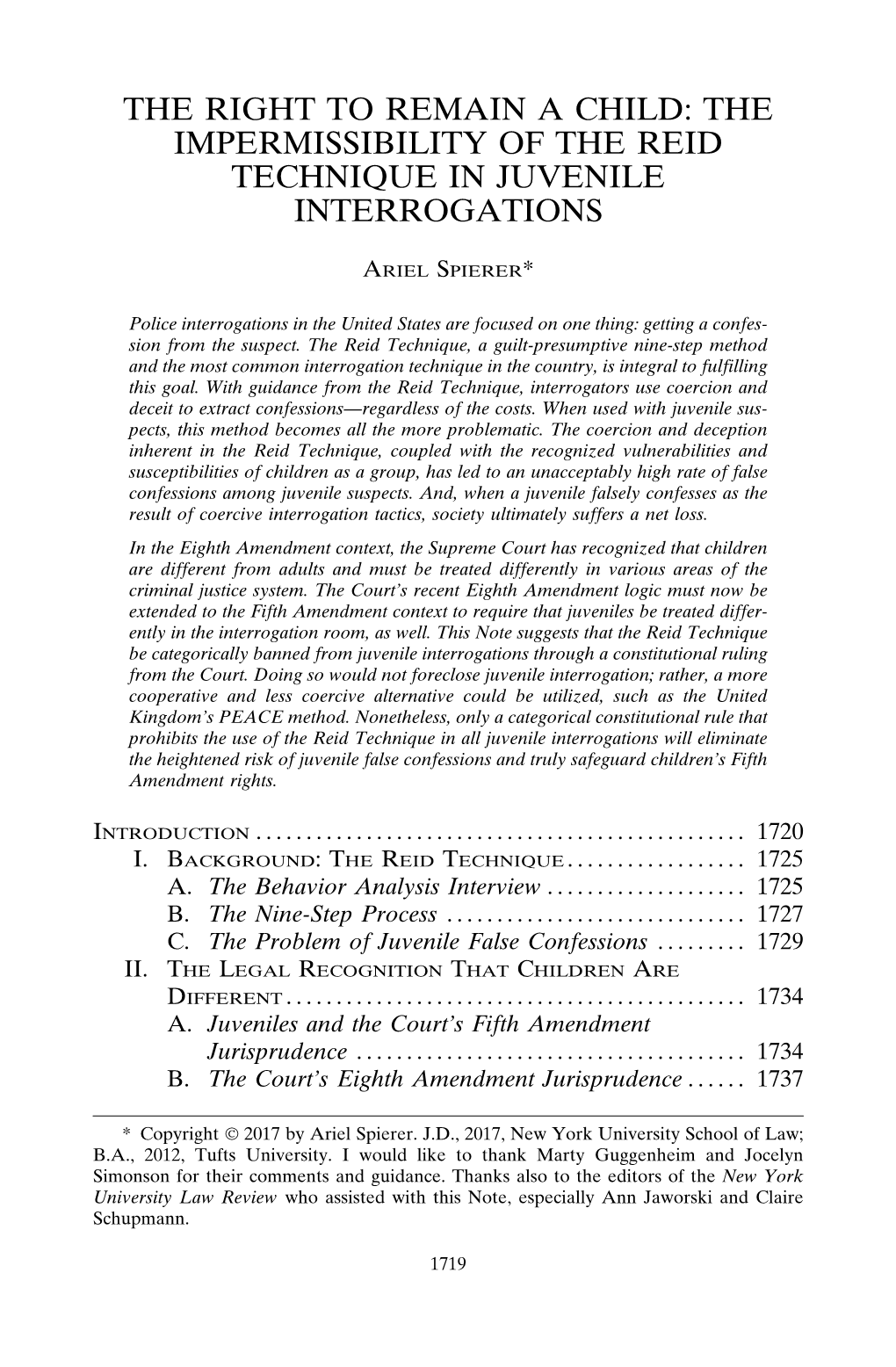 The Impermissibility of the Reid Technique in Juvenile Interrogations