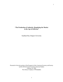 “The Production of Authority: Regulating the Market in the Age of Jefferson”