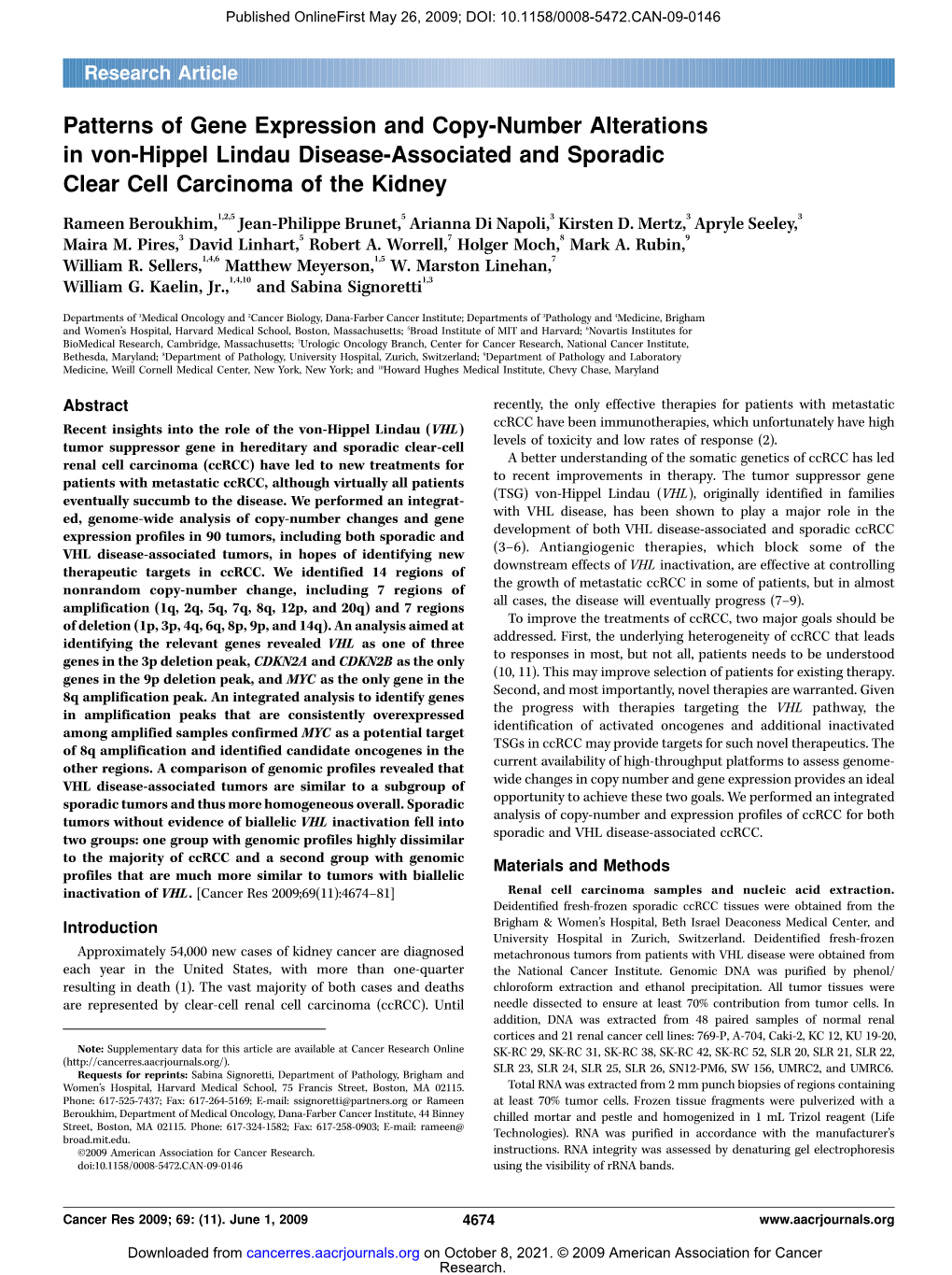 Patterns of Gene Expression and Copy-Number Alterations in Von-Hippel Lindau Disease-Associated and Sporadic Clear Cell Carcinoma of the Kidney