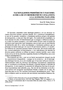 Nacionalismos Periféricos Y Fascismo. Acerca De Un Memorándum Catalanista a La Alemania Nazi (1936)