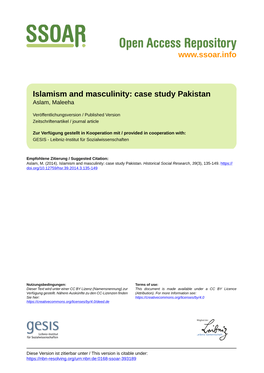 Islamism and Masculinity: Case Study Pakistan Aslam, Maleeha