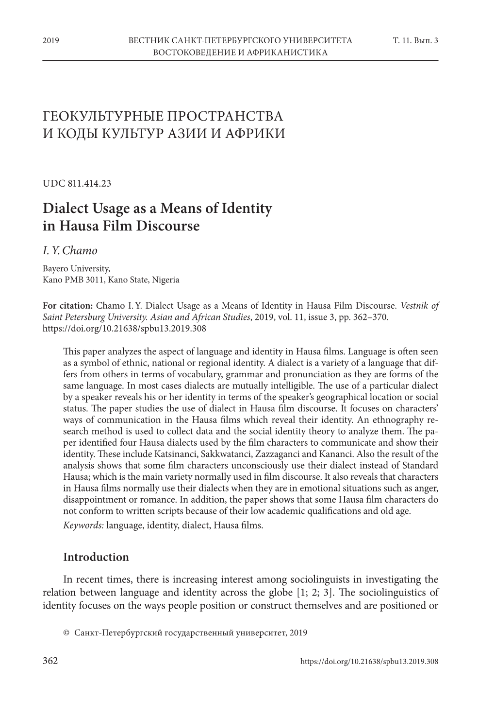 Dialect Usage As a Means of Identity in Hausa Film Discourse I