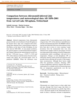 Comparison Between Chironomid-Inferred July Temperatures and Meteorological Data AD 1850–2001 from Varved Lake Silvaplana, Switzerland