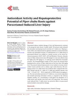 Antioxidant Activity and Hepatoprotective Potential of Piper Chaba Roots Against Paracetamol-Induced Liver Injury
