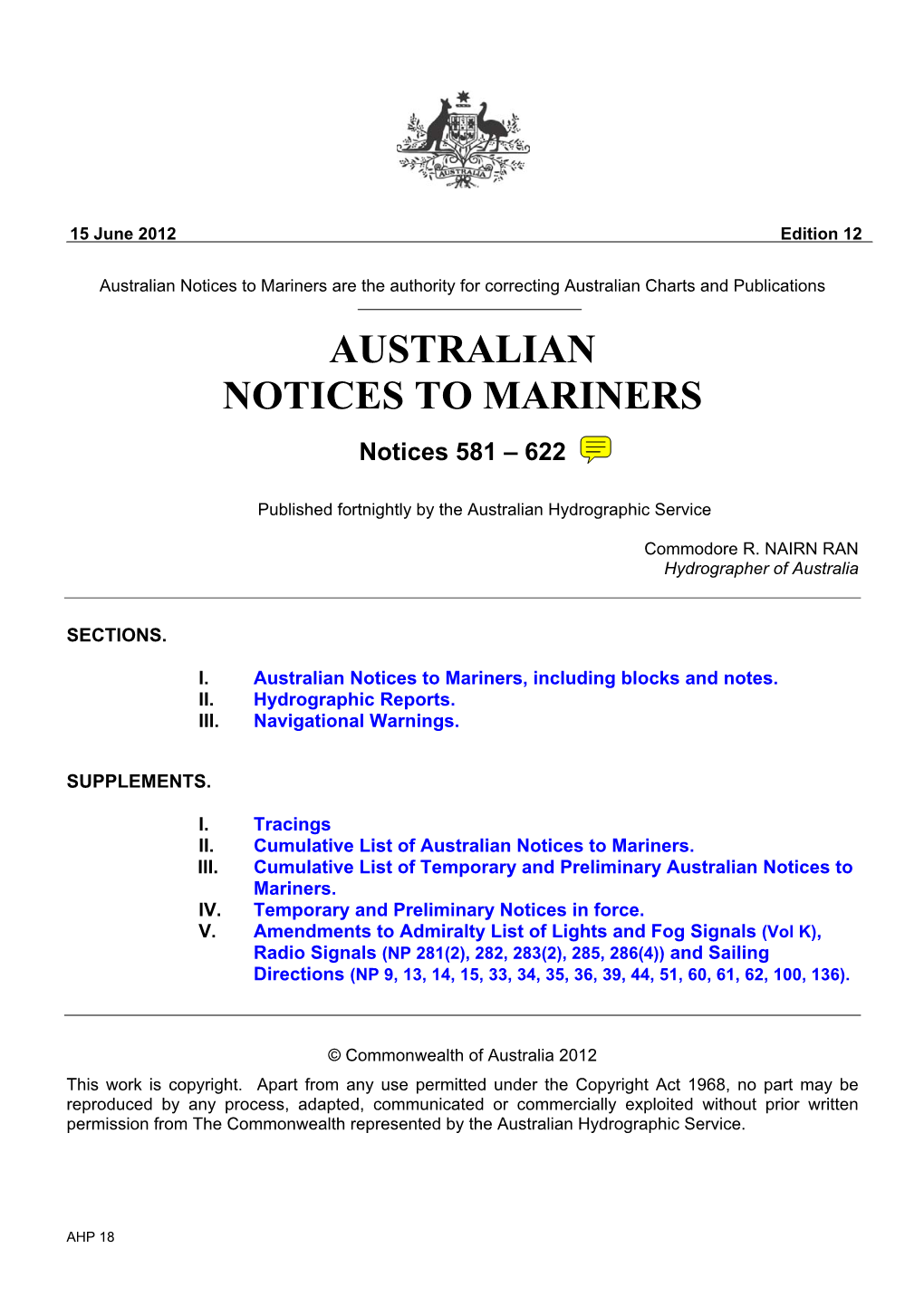 Australian Notices to Mariners Are the Authority for Correcting Australian Charts and Publications