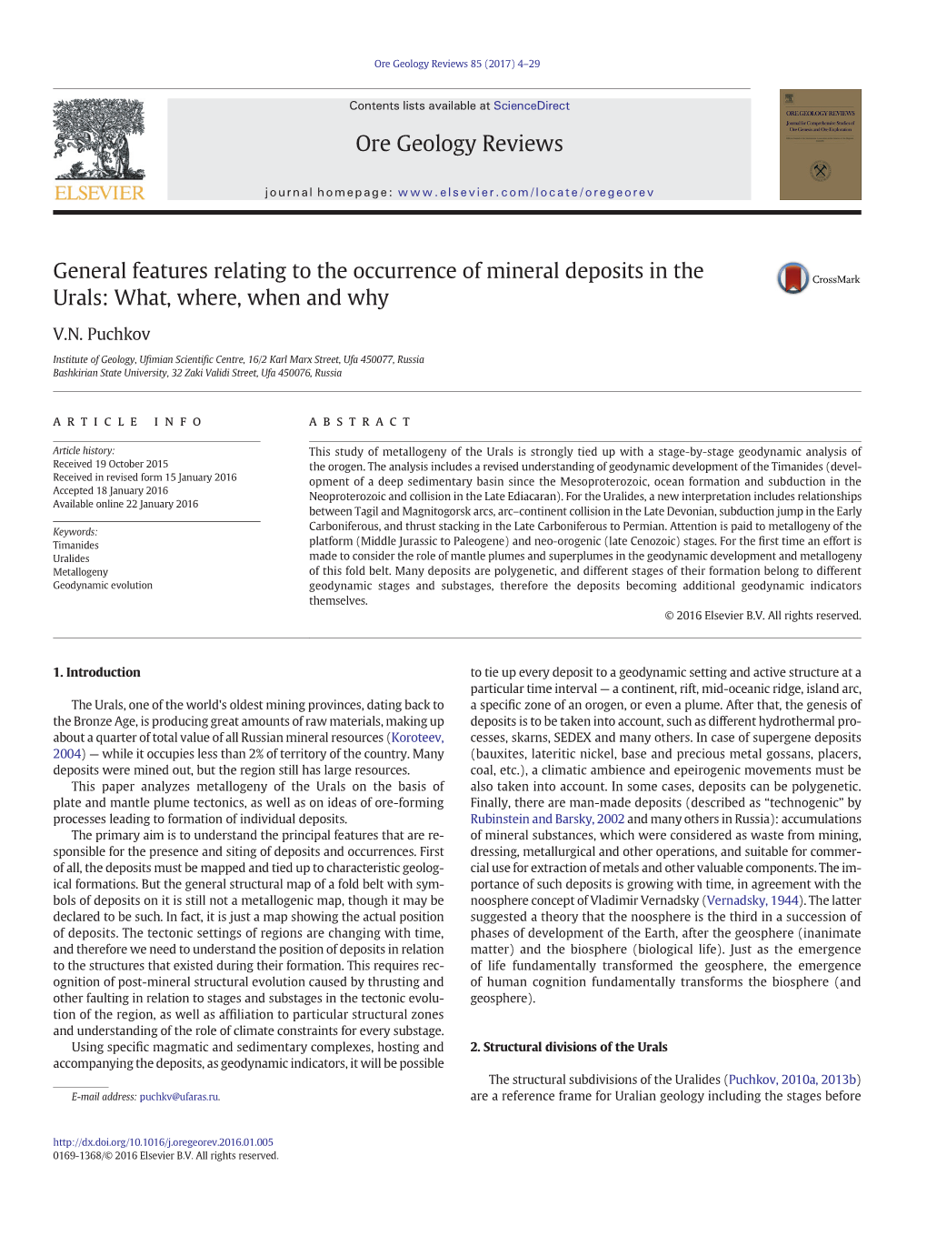 General Features Relating to the Occurrence of Mineral Deposits in the Urals: What, Where, When and Why