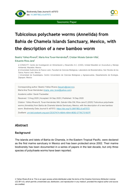 Tubicolous Polychaete Worms (Annelida) from Bahía De Chamela Islands Sanctuary, Mexico, with the Description of a New Bamboo Worm