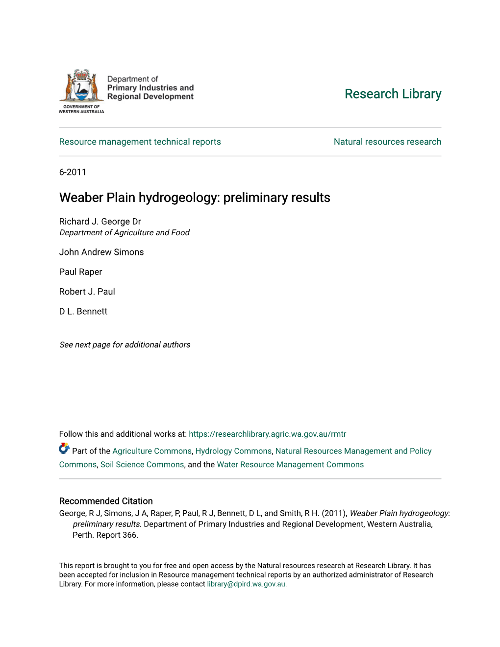 Weaber Plain Hydrogeology: Preliminary Results