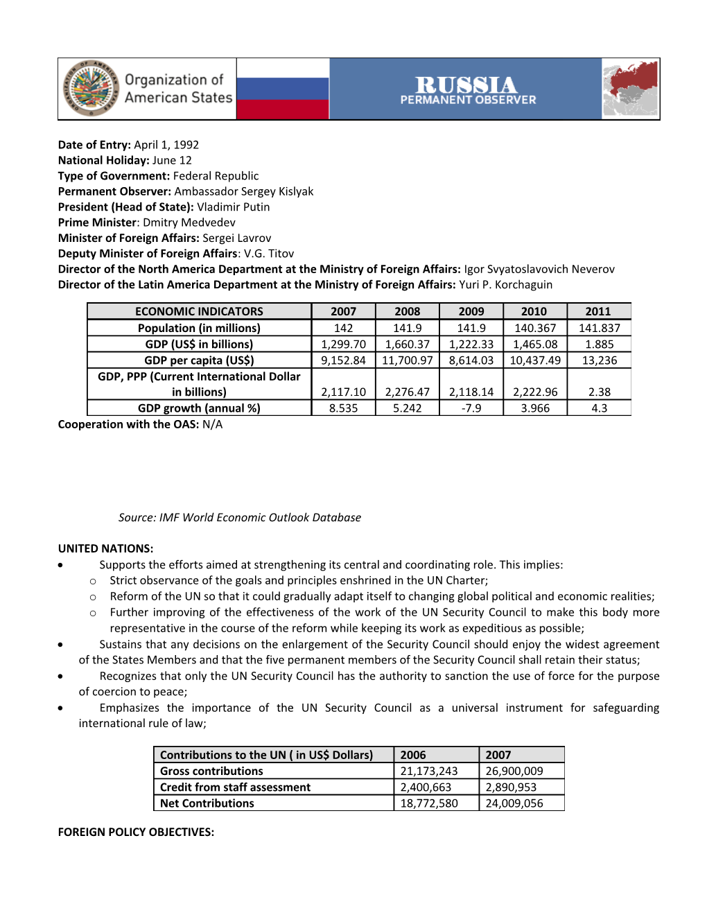 Russia: Permanent Observer Country - Profile Russia