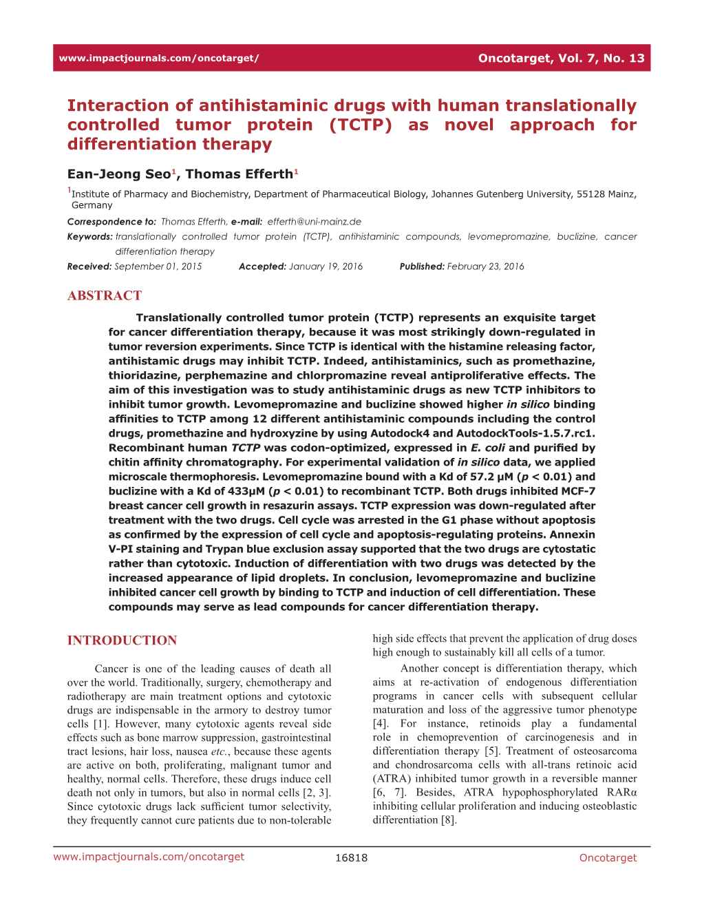 Interaction of Antihistaminic Drugs with Human Translationally Controlled Tumor Protein (TCTP) As Novel Approach for Differentiation Therapy