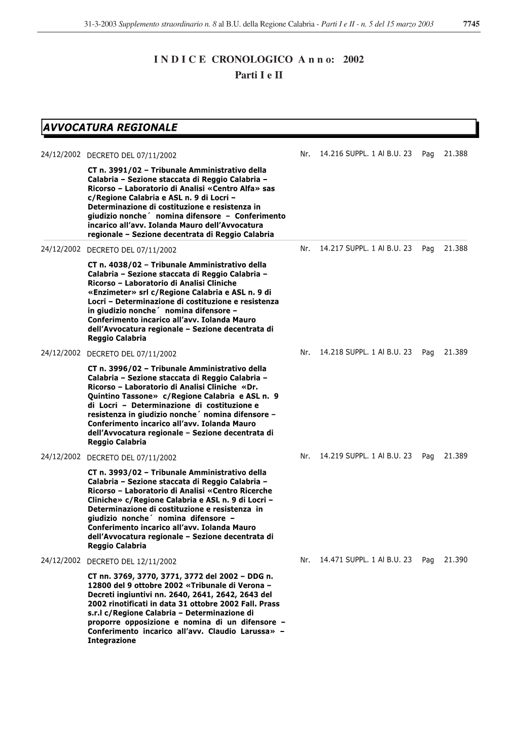 INDICE CRONOLOGICO a Nno: 2002 Parti I E II