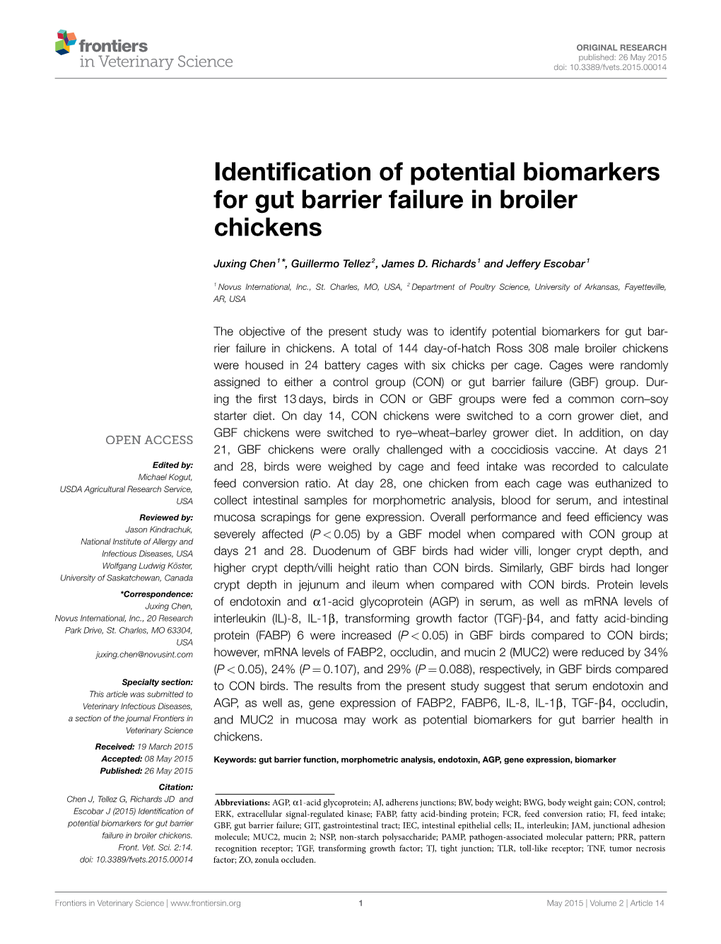 Identification of Potential Biomarkers for Gut Barrier Failure in Broiler Chickens