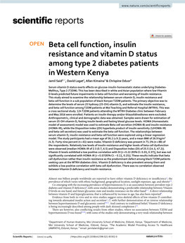 Beta Cell Function, Insulin Resistance and Vitamin D Status Among Type 2