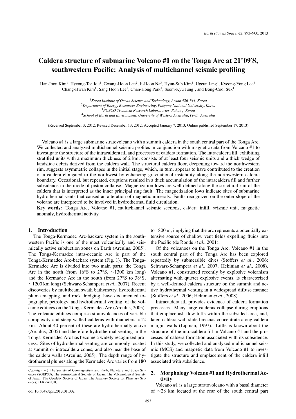 Caldera Structure of Submarine Volcano #1 on the Tonga Arc at 21◦09S, Southwestern Paciﬁc: Analysis of Multichannel Seismic Proﬁling