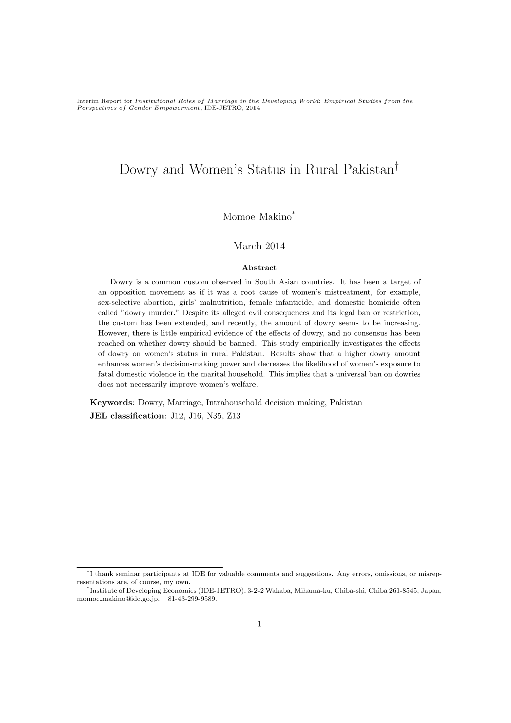 Dowry and Women's Status in Rural Pakistan