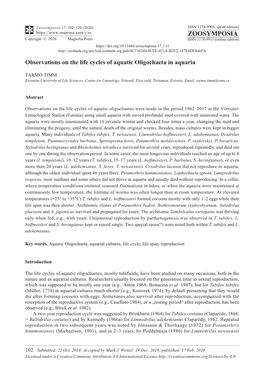 Observations on the Life Cycles of Aquatic Oligochaeta in Aquaria