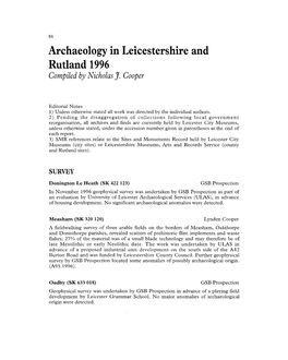 Archaeology in Leicestershire and Rutland 1996 Compiled by Nicholas J