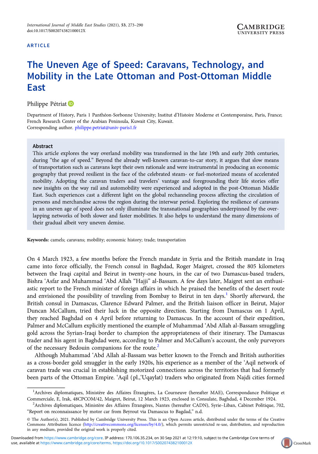 The Uneven Age of Speed: Caravans, Technology, and Mobility in the Late Ottoman and Post-Ottoman Middle East