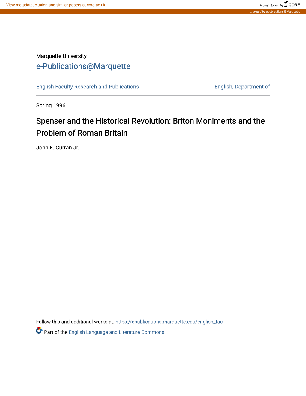 Spenser and the Historical Revolution: Briton Moniments and the Problem of Roman Britain