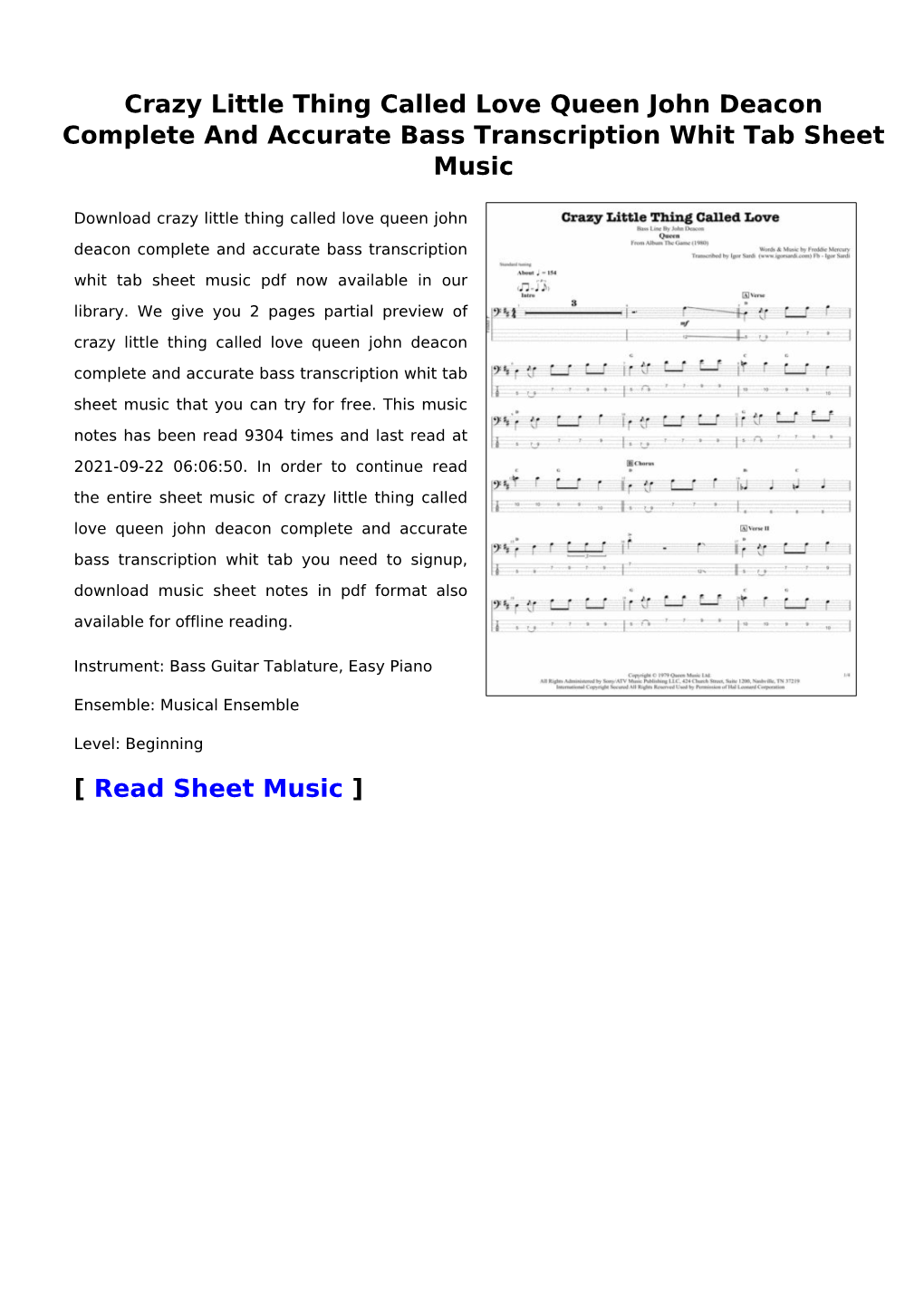 Crazy Little Thing Called Love Queen John Deacon Complete and Accurate Bass Transcription Whit Tab Sheet Music