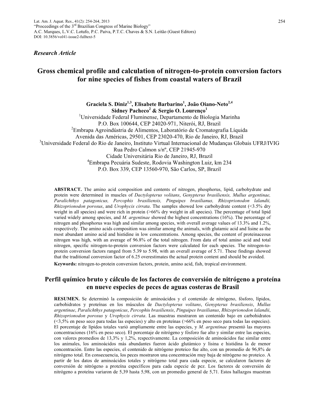 Gross Chemical Profile and Calculation of Nitrogen-To-Protein Conversion Factors for Nine Species of Fishes from Coastal Waters of Brazil