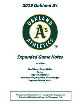 2019 Oakland A's Expanded Game Notes