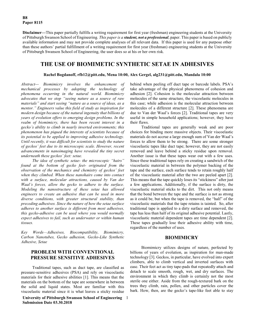 The Use of Biomimetic Synthetic Setae in Adhesives