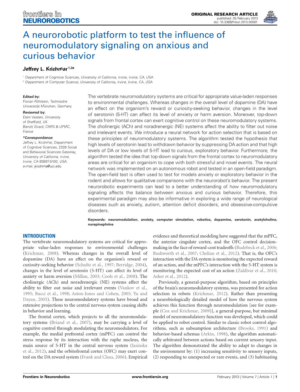 A Neurorobotic Platform to Test the Influence of Neuromodulatory Signaling on Anxious and Curious Behavior