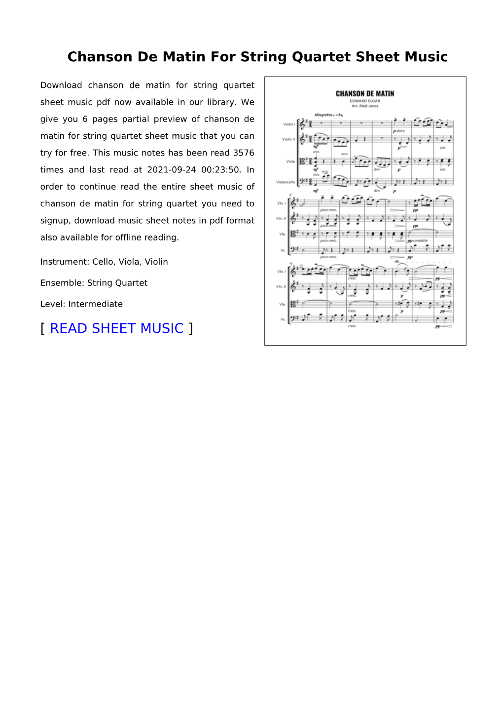 Chanson De Matin for String Quartet Sheet Music