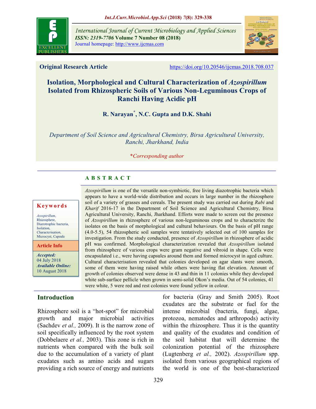 Isolation, Morphological and Cultural Characterization of Azospirillum Isolated from Rhizospheric Soils of Various Non-Leguminous Crops of Ranchi Having Acidic Ph