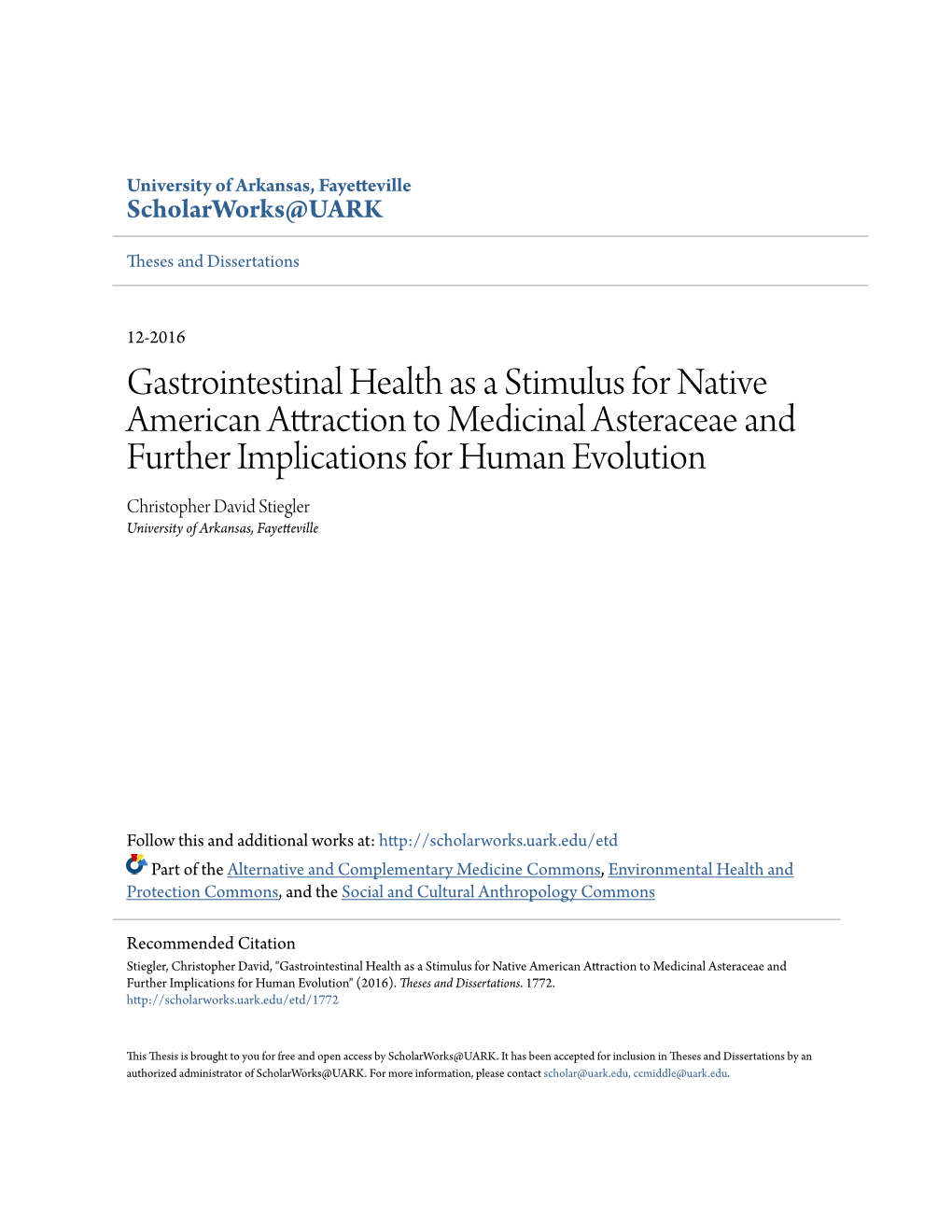 Gastrointestinal Health As a Stimulus for Native American Attraction to Medicinal Asteraceae and Further Implications for Human