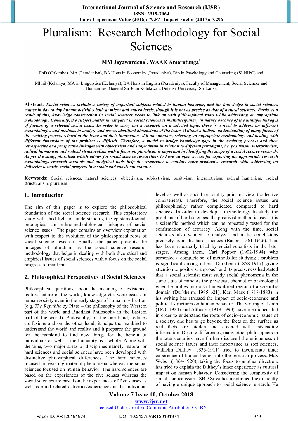Pluralism: Research Methodology for Social Sciences