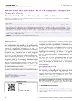 Review of the Phytochemical and Pharmacological Studies of the Genus Markhamia Mutiat Bolanle Ibrahim, Nutan Kaushik1, Abimbola Adepeju Sowemimo, Olukemi A