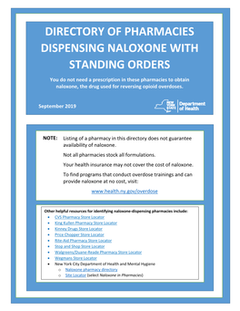 Directory of Pharmacies Dispensing Naloxone with Standing Orders