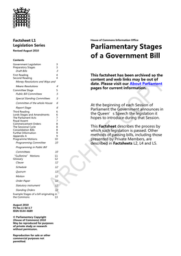 Parliamentary Stages of a Government Bill House of 3 Commons Information Office Factsheet L1