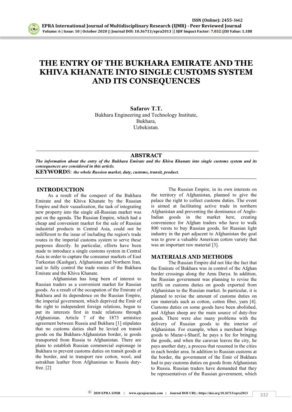 The Entry of the Bukhara Emirate and the Khiva Khanate Into Single Customs System and Its Consequences