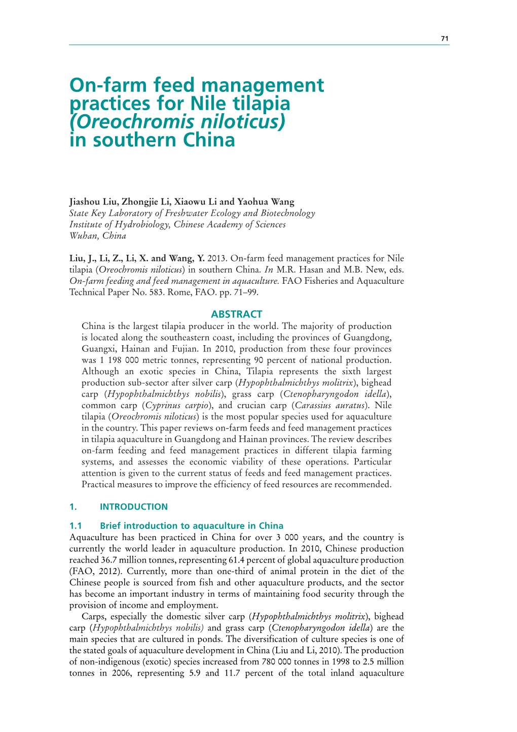 On-Farm Feed Management Practices for Nile Tilapia (Oreochromis Niloticus) in Southern China