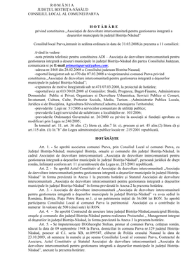 R O M Â N I a JUDEŢUL BISTRIŢA-NĂSĂUD CONSILIUL LOCAL AL COMUNEI PARVA H O T Ă R Â R E Privind Constituirea „Asocia