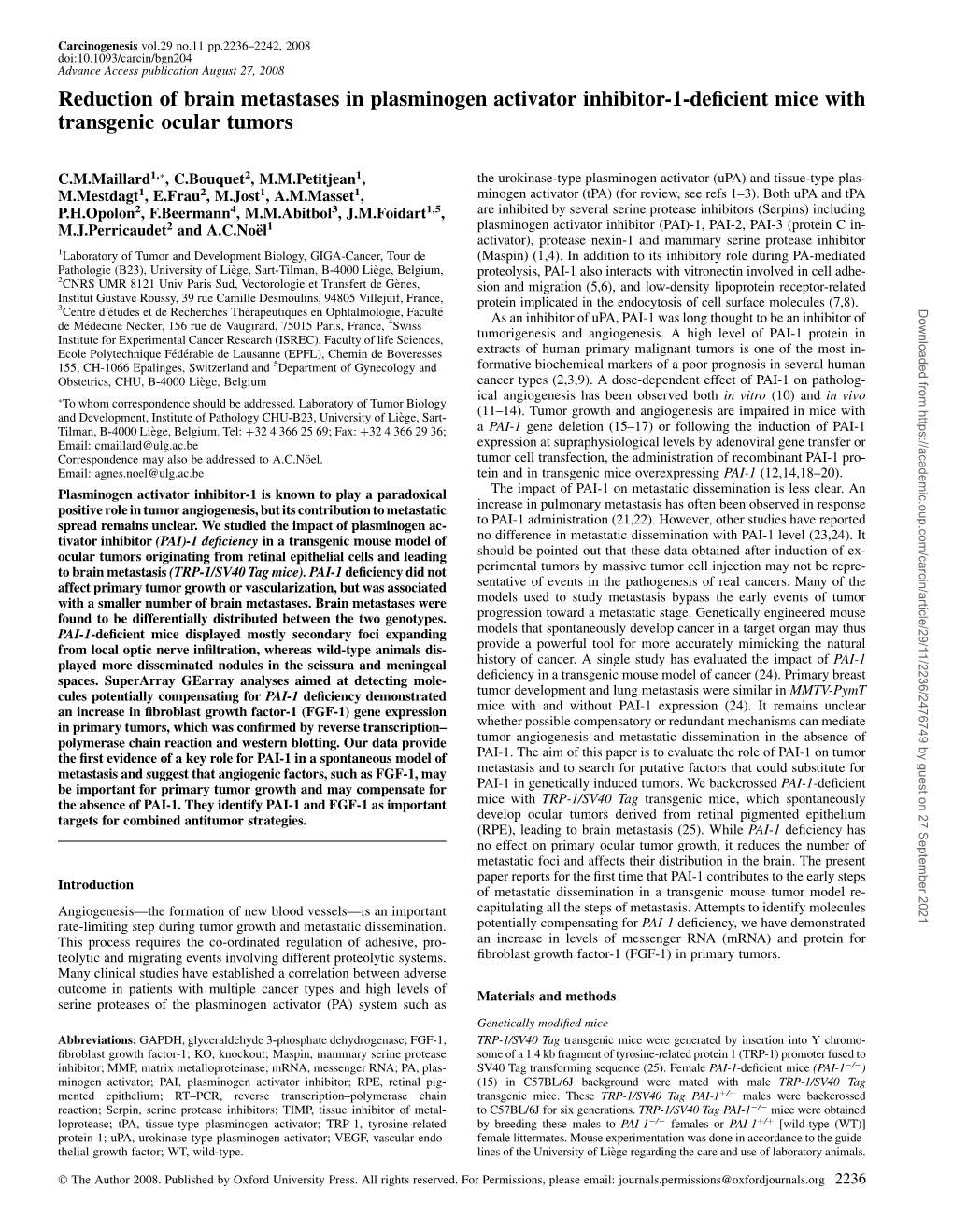 Reduction of Brain Metastases in Plasminogen Activator Inhibitor-1-Deﬁcient Mice with Transgenic Ocular Tumors