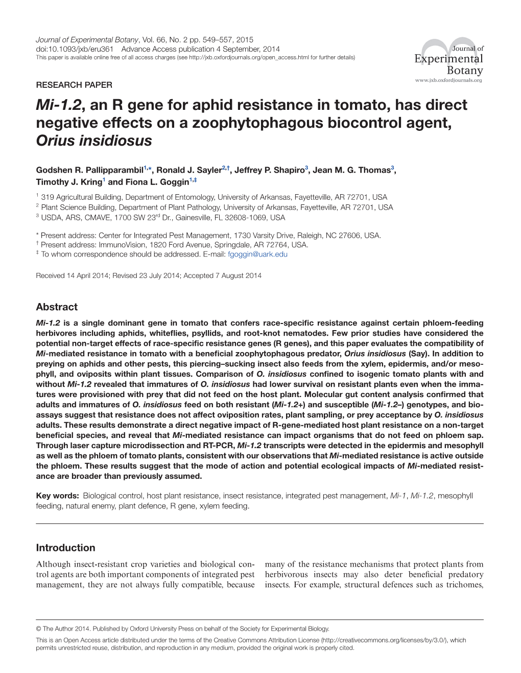 Mi-1.2, an R Gene for Aphid Resistance in Tomato, Has Direct Negative Effects on a Zoophytophagous Biocontrol Agent, Orius Insidiosus