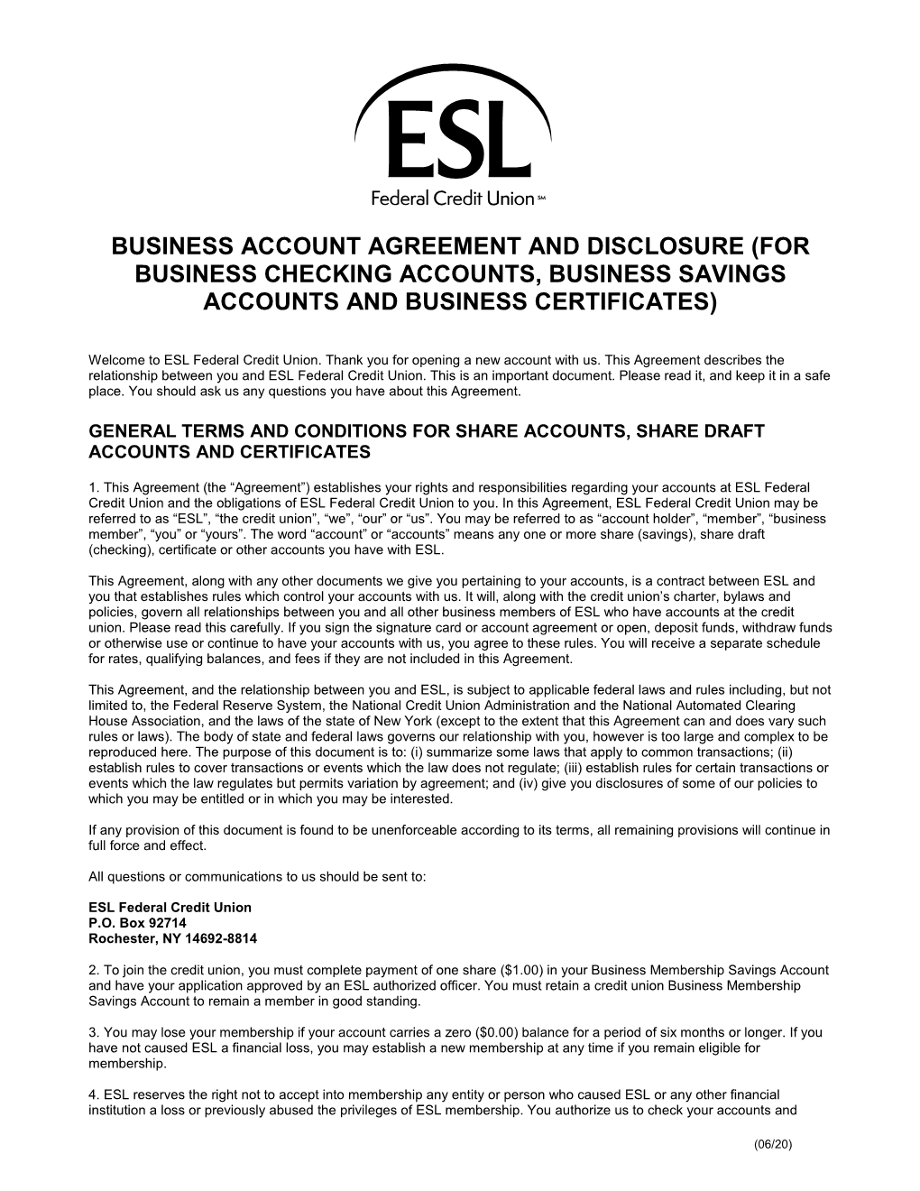 Business Account Agreement and Disclosure (For Business Checking Accounts, Business Savings Accounts and Business Certificates)