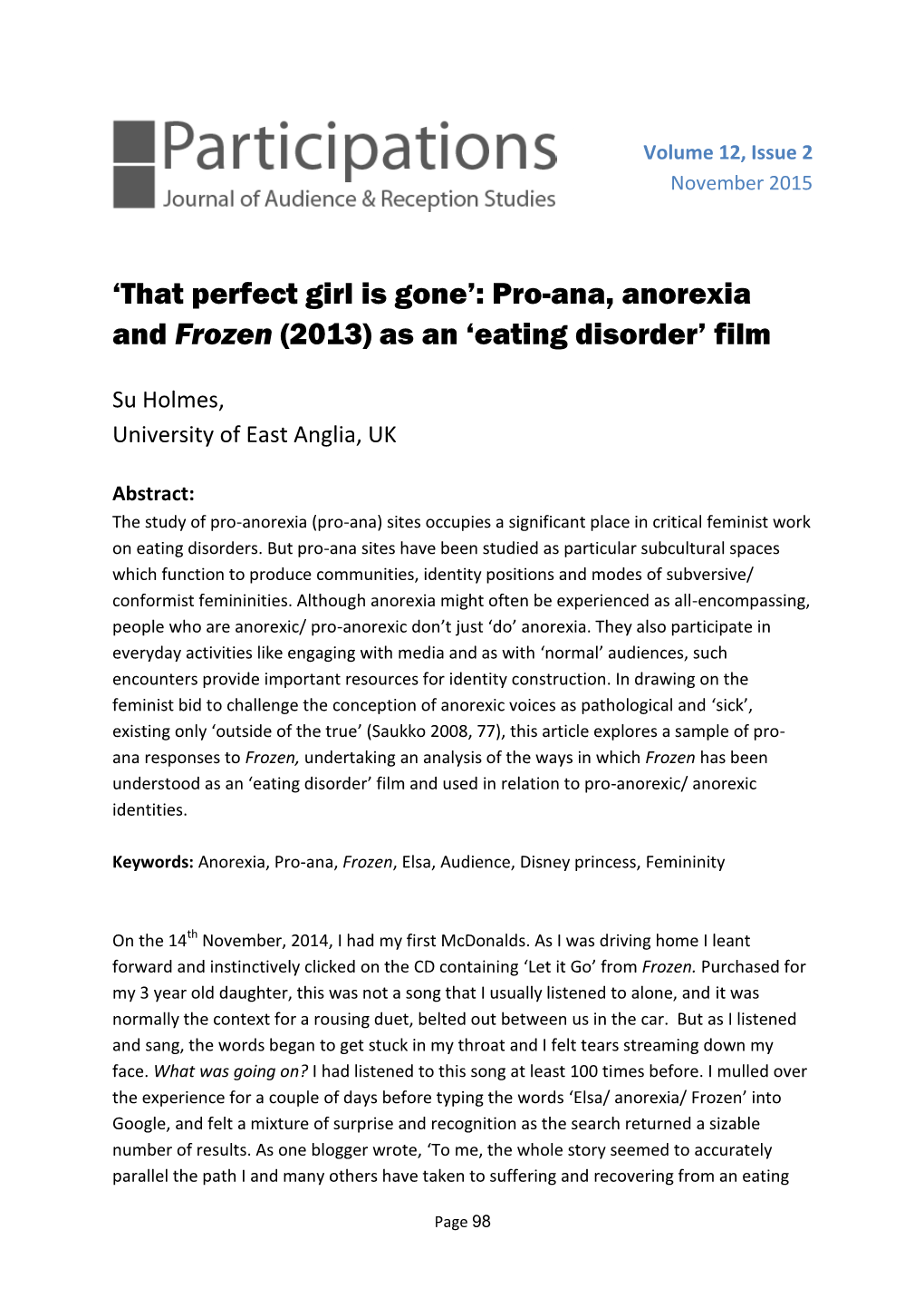 'That Perfect Girl Is Gone': Pro-Ana, Anorexia and Frozen (2013) As An