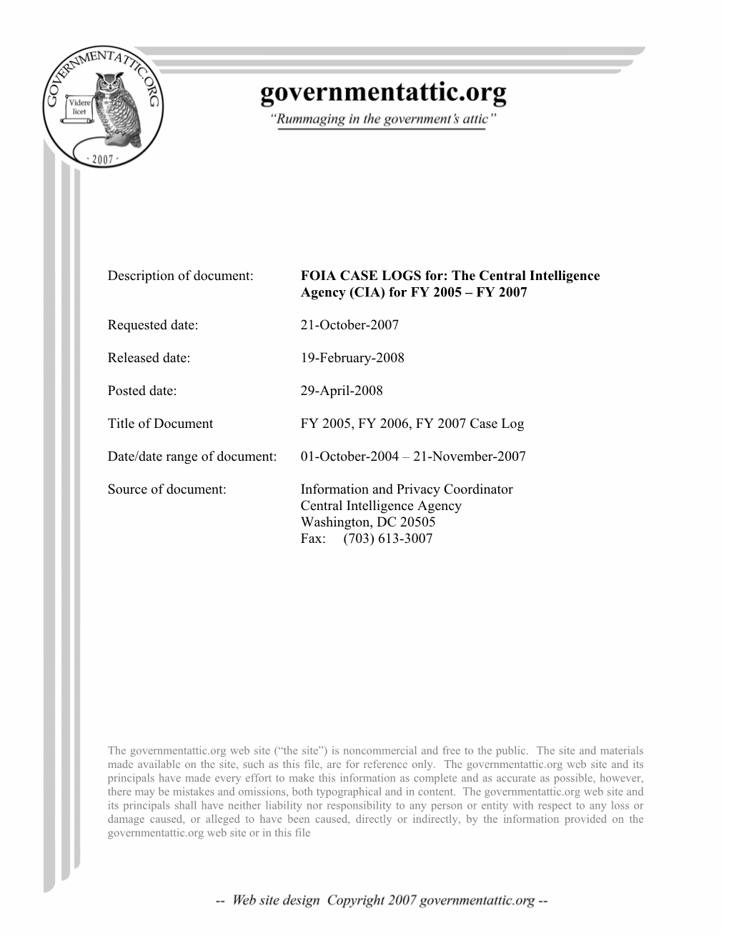 FOIA CASE LOGS for the Central Intelligence Agency (CIA)