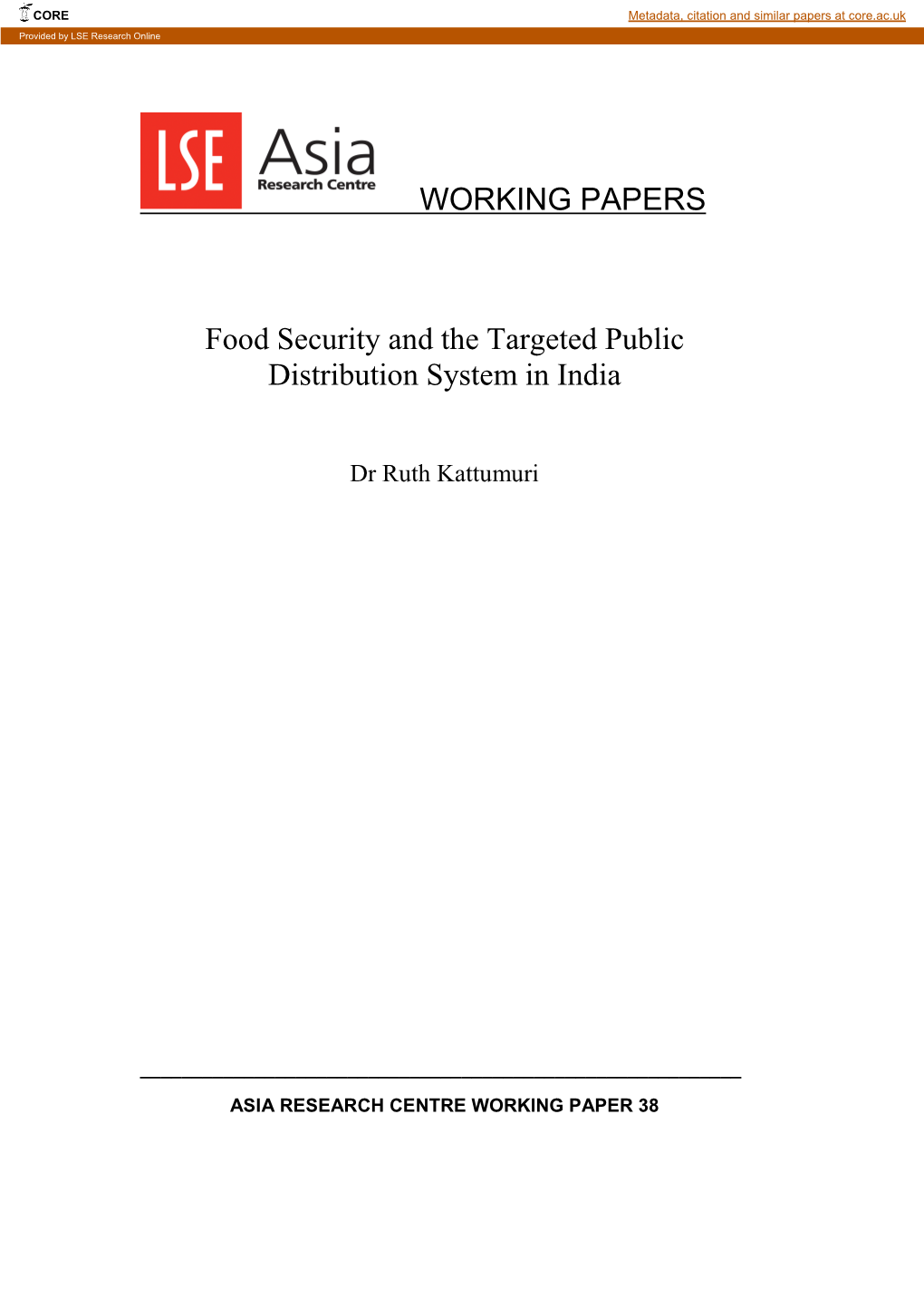 WORKING PAPERS Food Security and the Targeted Public Distribution