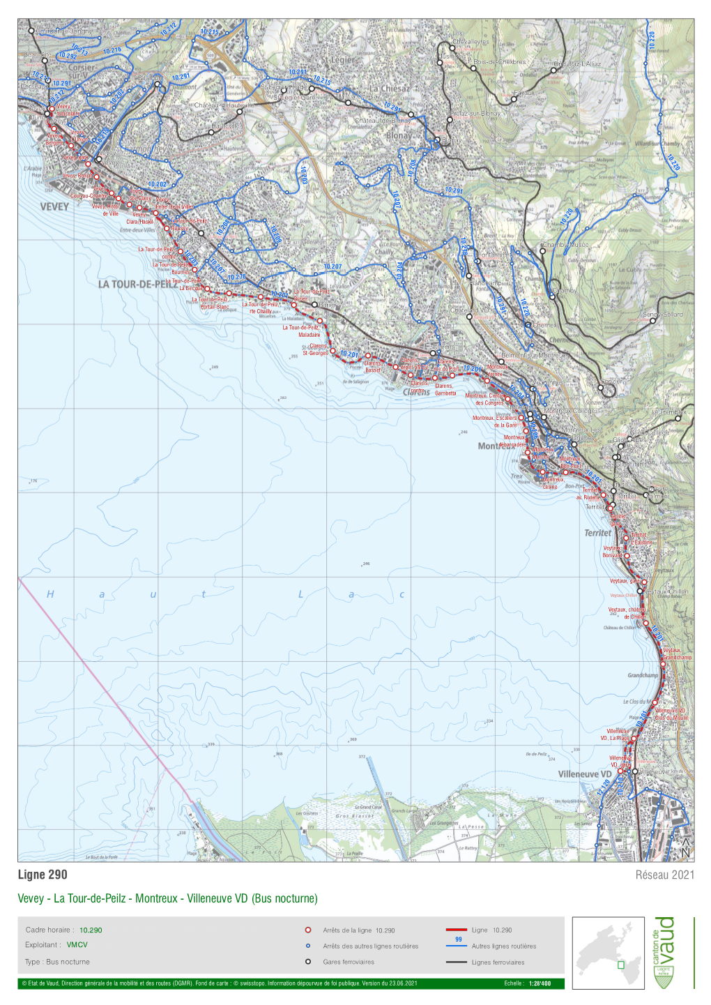 Ligne 290 Réseau 2021 Vevey - La Tour-De-Peilz - Montreux - Villeneuve VD (Bus Nocturne)