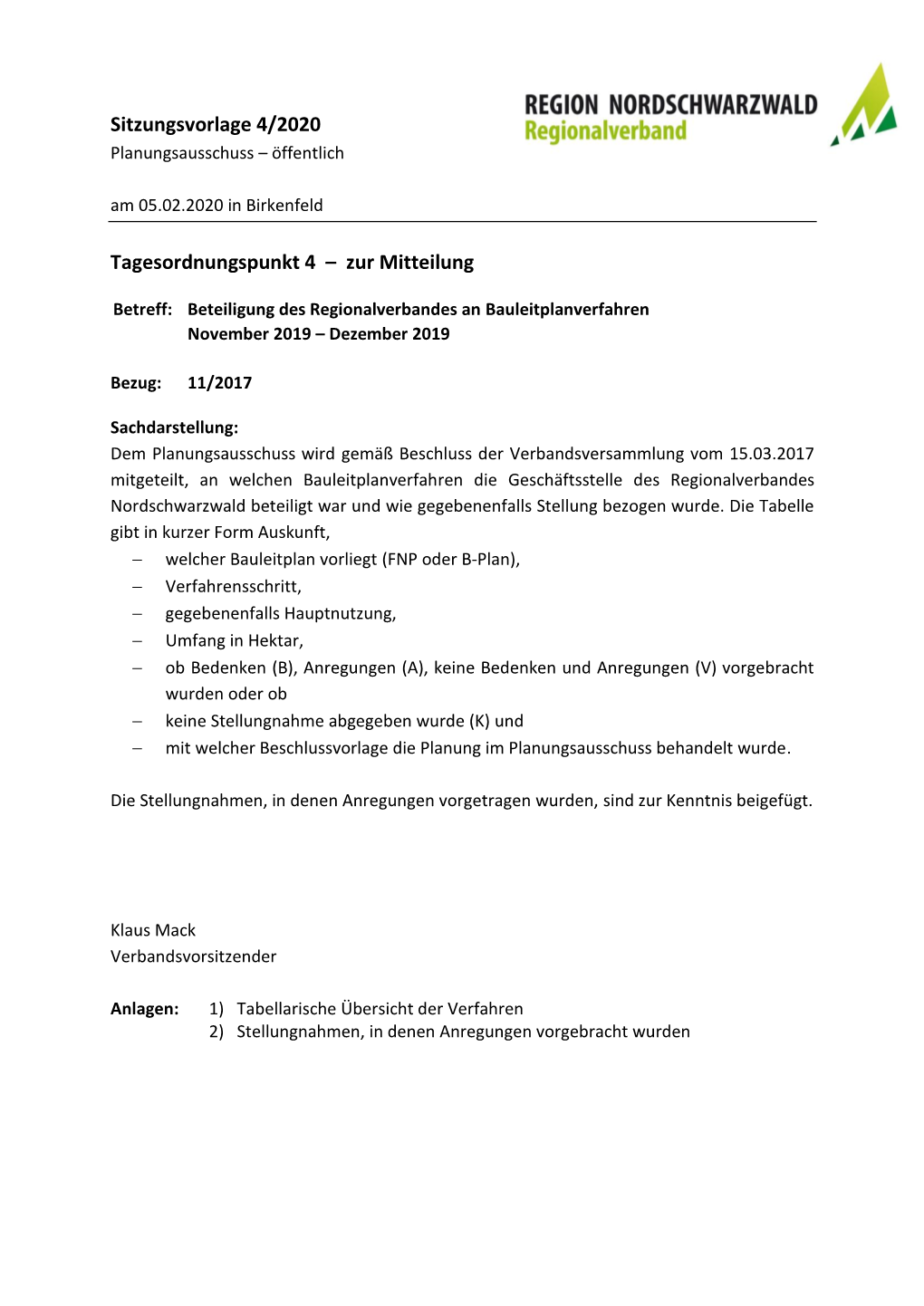 Sitzungsvorlage 4/2020 Planungsausschuss – Öffentlich Am 05.02.2020 in Birkenfeld