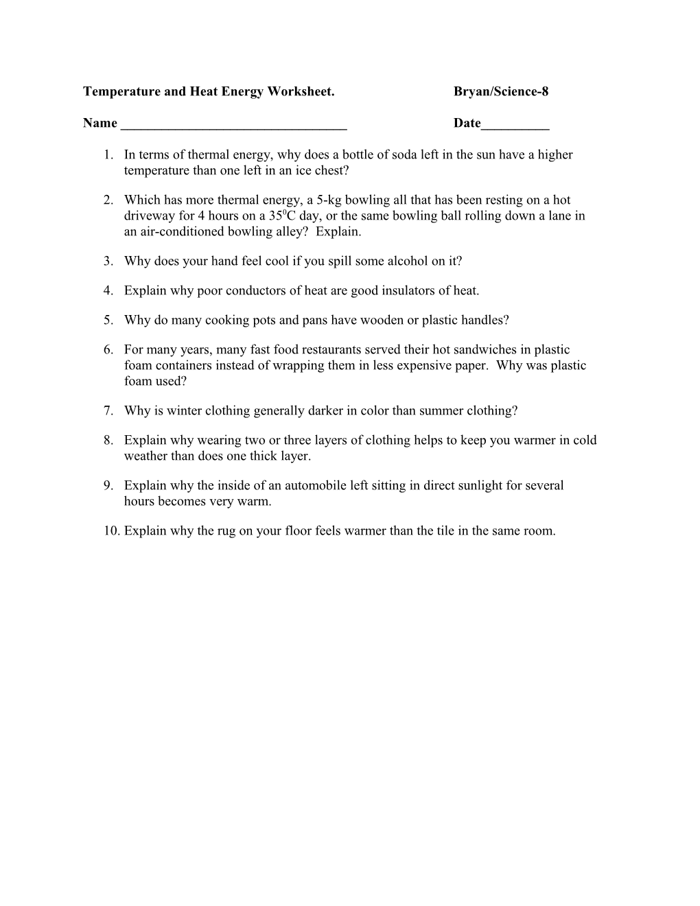 Temperature And Heat Energy Worksheet