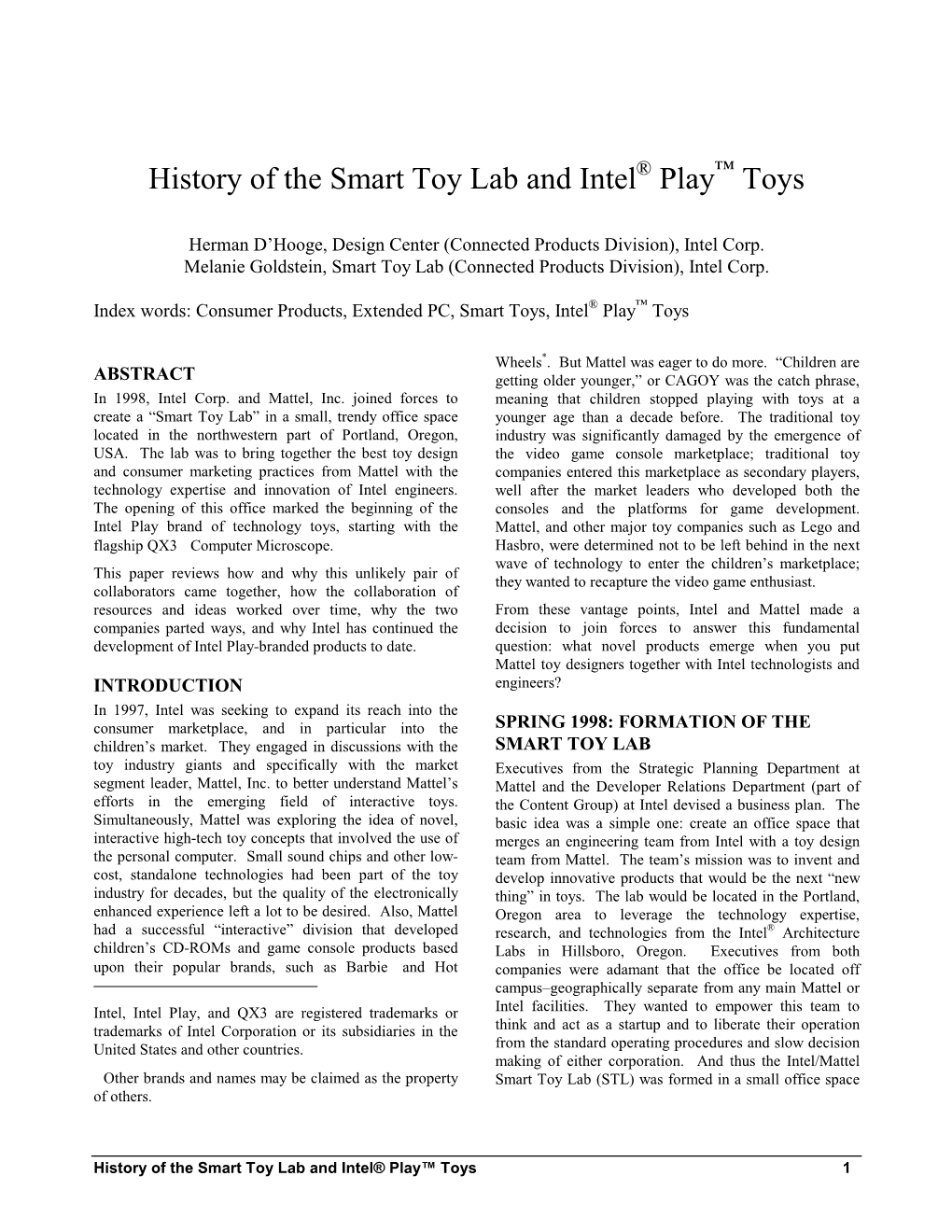 History of the Smart Toy Lab and Intel Play Toys