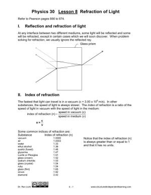 Physics 30 Lesson 8 Refraction of Light