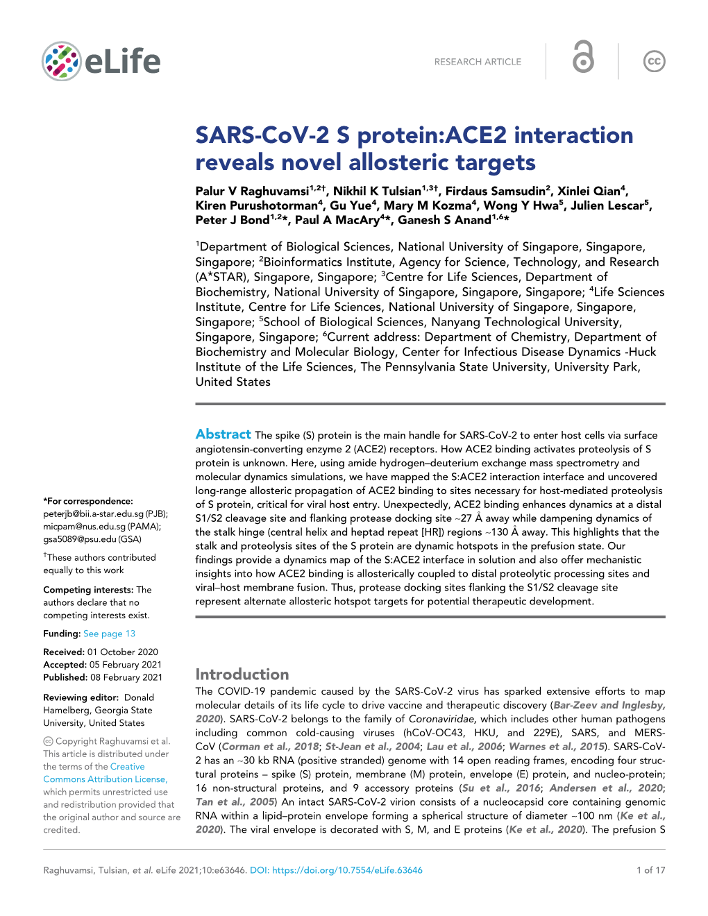 SARS-Cov-2 S Protein:ACE2 Interaction Reveals Novel Allosteric